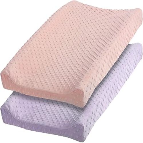 2 Pcs Changing Pad Cover 16 x 32 Inch Ultra Soft Dots Plush Changing Table Covers for Baby Girls and Boys Changing Pad Liners (Pink & Purple)