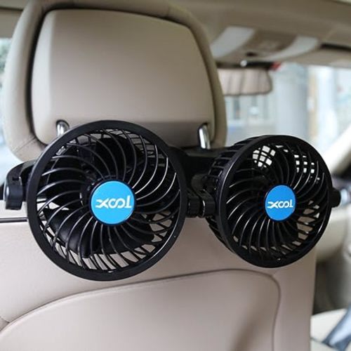 XOOL Electric Car Fans for Rear Seat Passenger Portable Fan Headrest 360 Degree Rotatable Backseat Car Fan 12V Cooling Air Fan with Stepless Speed Regulation for SUV, RV, Vehicles - Dual Head Back seat