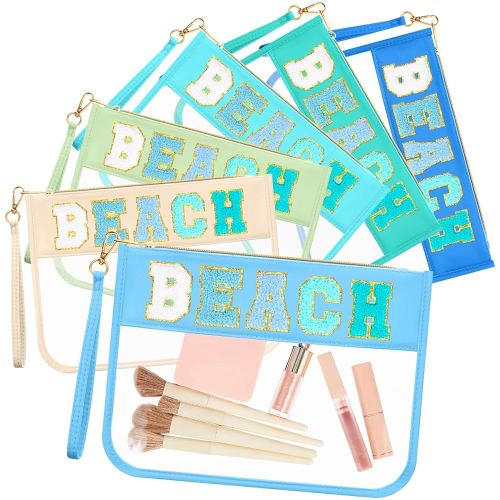 Kacctyen 6 Pcs Beach Bags Chenille Letter Clear Makeup Bag with Zipper Waterproof Cosmetic Toiletry Pouch with Handle Gym Travel Summer Gifts for Women (Teal, Beach)
