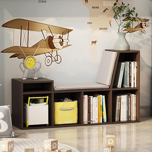 Kids Bookshelf with Reading Nook, 5-Cubby Kids Bookcase with Seat Cushion Toddler Toy Storage Organizer with Bench for Playroom, Kids Room, Living Room, Entryway (Brown)