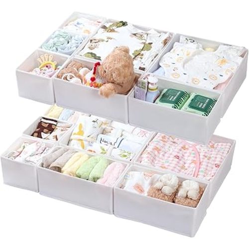 14 Pack Drawer Organizer Clothes-Dresser Organizer for Nursery-Perfect Baby Clothes Organizer and Storage & General Nursery Organization or Dresser Drawer Organizer Foldable Washable Bins White