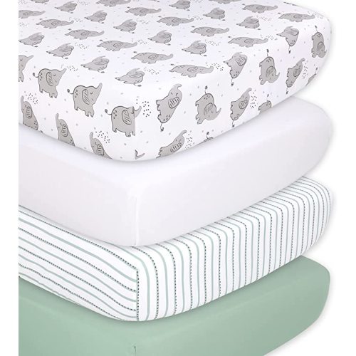 The Peanutshell Elephant Fitted Crib Sheet Set - 4 Pack - Grey, White & Green