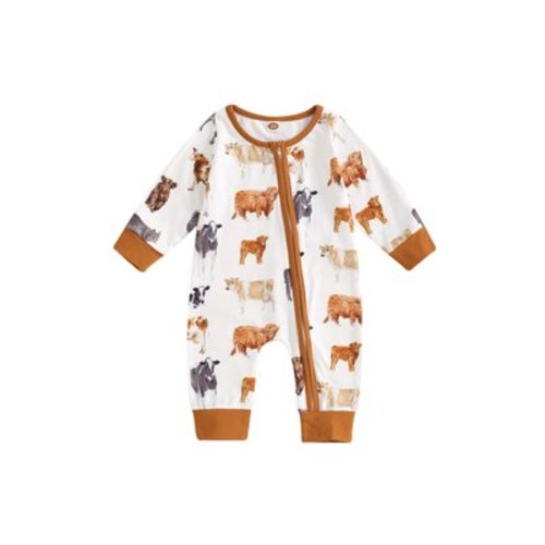 Western Baby Girl Boy Clothes Long Sleeve Cow Print Romper Zipper Bodysuit Jumpsuit One Piece Fall Winter Outfit