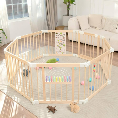 Foldable Wooden Baby Playpen Activity Center,Adjustable Size & Shape Portable Play Yard, Baby Fence Play Area with Gate for Indoor Use for Babies and Toddlers(56x56x24inches)