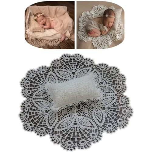 Coberllus Newborn Baby Photography Props Boys Girls Posing Posing Positioner Pad & Hollow Out Lace Round Rug Backdrop Blanket Set (White)