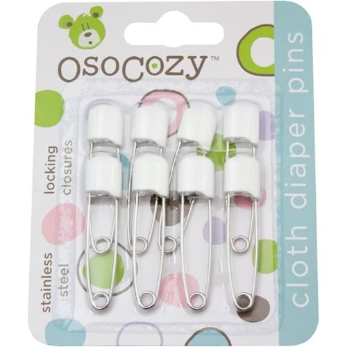 OsoCozy Diaper Pins - {White} - Sturdy, Stainless Steel Diaper Pins with Safe Locking Closures - Use for Special Events, Crafts or Colorful Laundry Pins , 8 Count (Pack of 1)