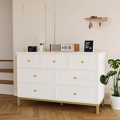 Pamapic Modern 7 Drawer White Dresser,55 “ Wood Dresser Tall Chest of Drawers, Wide Chest of Drawers with Deep Drawers & Mental Handles, Dresser for Bedroom,Living Room, Entryway, Hallway, White