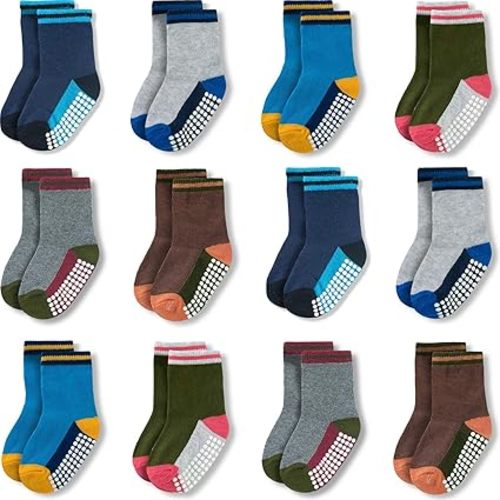 JAKIDAR 12 Pack Baby Socks Cotton Crew Toddler Socks Grips Non Slip Bottom Kids Socks