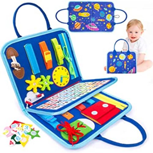HONGDDY Busy Board, 20 in 1 Montessori Toys for Toddler, Sensory Board with Extra DIY Page for Learning Fine Motor Skills and Travel, Space Toys for Kids Gift for Boys Girls