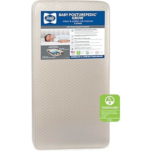 Sealy Baby Posturepedic Grow Breathable 2 Stage Waterproof Crib Mattress plus Toddler Bed Fit, Non Toxic Cotton Cover, GREENGUARD Gold Certified, Safety & Quality Tested, Made in USA, 52"X28"