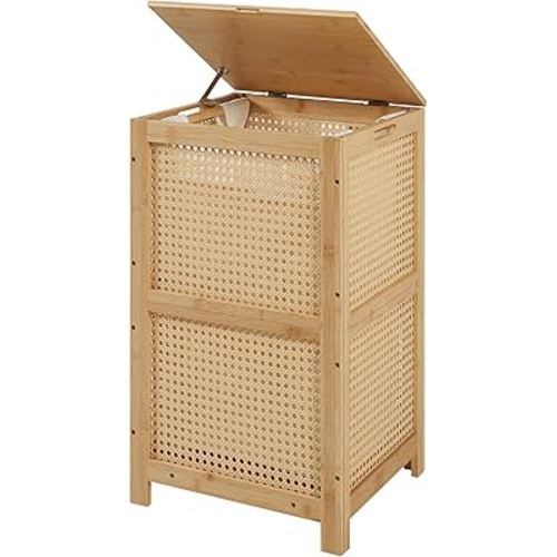 Bamboo-Laundry-Hamper-Wicker-Basket-with-lid Large Wood Laundry Hampers Basket Bin Storage Organizer for Dirty Clothes, Laundry Room, Bathroom, Bedroom, Living Room, Home Decor(13Gallon/50L)