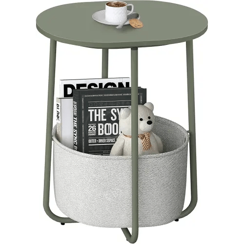 TUTOTAK Small Side Table, Oval End Table, Night Stand, Bedside Table, Sofa Table with Cloth Storage Basket, Living Room, Bed Room, Olive Green TB01BOG063