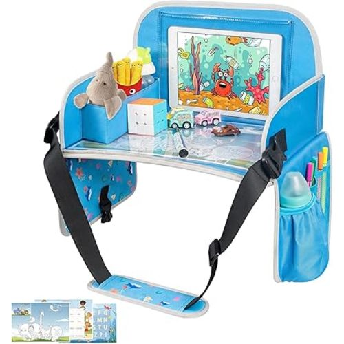 MENZOKE Kids Travel Tray, Car Seat Tray for Kids Travel, Toddler Essentials Girls with Tablet Holder, Road Trip Essentials with Cooler Cup Holder, Dry Erase Board & Storage Pocket for Airplane, Blue