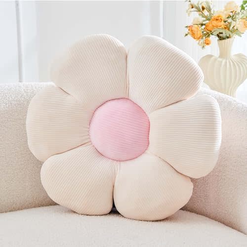 Kcvvcr Beige Flower Pillow, 14.9" Cute Flower Shaped Floor Pillow, Aesthetic Floral Plush Daisy Decorative Throw Pillows for Bed Sofa Couch
