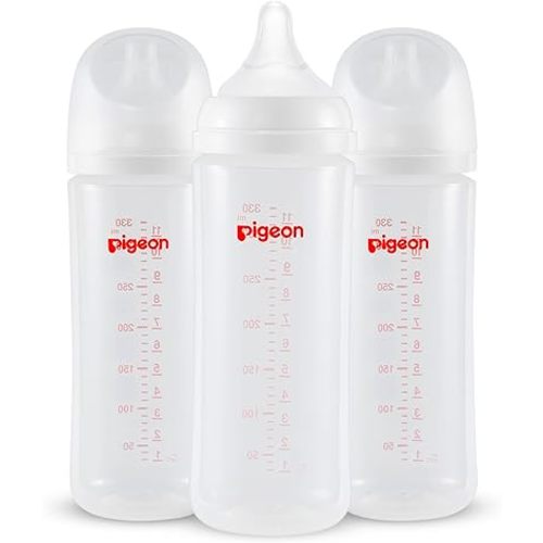 Pigeon PP Nursing Bottle Wide Neck, Anti-Colic, Streamlined Body, Natural Feel, Easy to Clean, 11.2 Oz (Pack of 3), Includes 3pcs L Nipples (6m+)