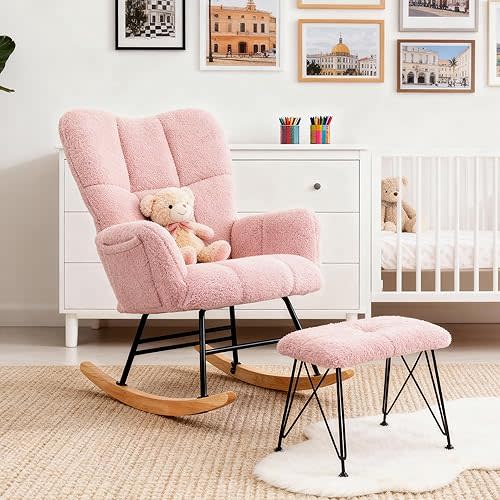 KEEZY Nursery Rocking Chair with Footrest Upholstered Glider Rocker Padded Seat with High Backrest Armchair Comfy Side Chair for Living Room Bedroom Pink Sherpa