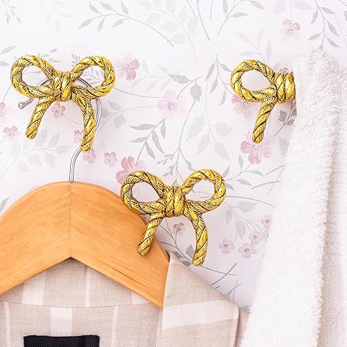 Indian Shelf 3 Metal Gold Decorative Bow Wall Hooks Nursery Kids Tie Coat Rack Robe Wall Mount Vintage Coat Hooks for Hanging Coats, Tie, Towels, Bags, Purse & More