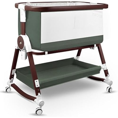 4 in 1 Baby Bassinet, Bassinets Bedside Sleeper with Wheels and Storage Basket, Adjustable 7 Heights Bedside Sleeper with Mosquito Net, Breathable Mesh Rocking Bassinet for Baby