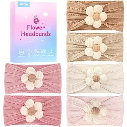6 Pcs Baby Girls' Headbands Gifts for Newborn Infant Toddler Handmade Soft Comfortable Elasticity Nylon Baby Flower Hairbands Essentials Accessories