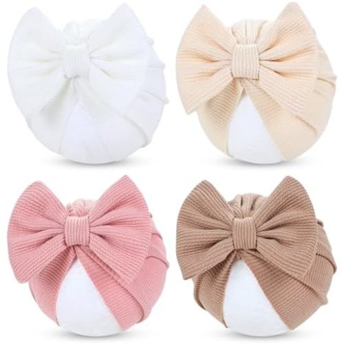 Cinaci 4 Pieces Baby Girls Turban Hats with Bow Newborn Hospital Caps Bonnets Beanies Headwraps for Infants Toddlers