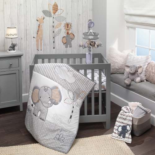 Jungle Safari Elephant 3-Piece Mini Crib Bedding Set - Gray/White – Lambs & Ivy