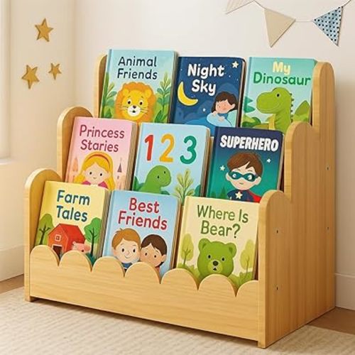 3-Tier Wooden Kids Bookshelf, Montessori Scalloped Bookcase Toddler Front Facing Book Display for Nursery, Baby Bookshelf Organizer for Kids Rooms, Playroom or Classroom