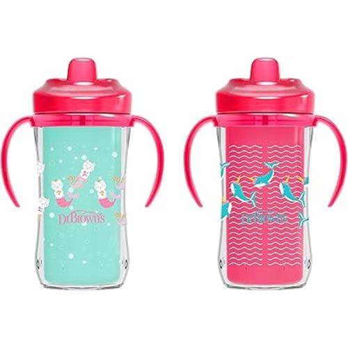 Dr. Brown's Milestones Insulated Hard Spout Sippy, Spill Proof Cup with Handles for Toddlers, 2-Pack, Pink, 10 oz/300 mL, BPA Free, 12m+
