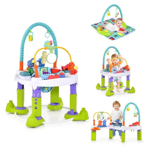 BABY JOY Baby Bouncer Activity Center, 4-in-1 Bouncing Activity Saucer & Activity Table & Play Mat w/ 3 Adjustable Heights, Play Bar & Music Box, Foldable Exersaucer for Infants & Toddlers