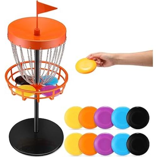 Lenwen 29 Inches Mini Disc Golf Baskets with 10 Flying Discs, Kids Mini Golf Starter Set, for Games Beach Indoor Outdoor Yard