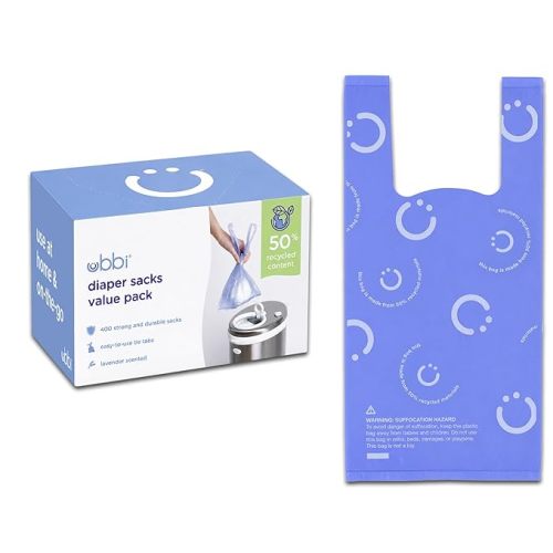 Ubbi Disposable Baby Diaper Sacks, Lavender Scented, 200 Count | Easy-To-Tie Tabs, Made from 50% Recycled Material, Disposable On-The-Go Bags, Diaper Bag and Travel Essential