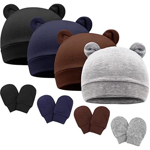 BQUBO Newborn Baby Bear Ears Hats and Mittens Sets Preemie Cotton Caps Baby Boy Girl Infant Hospital Beanie