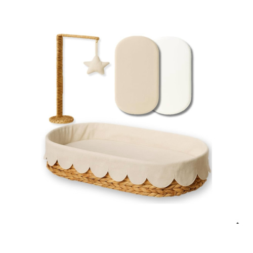 Premium Baby Changing Basket – Handwoven Wicker Basket for Baby – Waterproof Pad + Linen Cover – Scalloped Changing Basket for Baby Dresser - Moses Basket Bassinet -