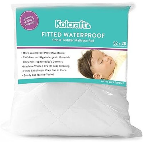 Kolcraft Fitted Waterproof Baby Infant Crib Mattress Protector Pad and Toddler Bed Cover, Durable and Comfortable Topper, Machine Washable and Dryer Friendly Bedding, 52” x 28”- White
