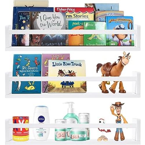 MBYD 24 Inch White Floating Shelves Set of 3, Wall-Mounted Solid Wood Wall Shelf, Floating Bookshelves, Wall Book Shelf, Kitchen Spice Rack or Bathroom Organizer, 3 Same Dimensions