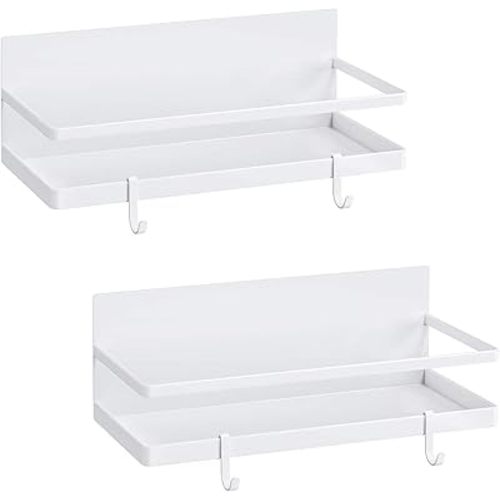 Magnetic Spice Rack, Strong Magnetic Shelf with 4 Removable Hooks, Perfect Space Saver for Small Kitchen/Apartment, Awesome Metal Cabinet for Holding Spices, Jars, Bottle(White, 2Pack)