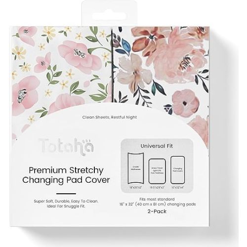 TotAha Premium Stretchy Changing Pad Covers (2-Pack) Hypoallergenic, Silky Comfort, Buttery Soft, Calming Effect, All-Season Jersey-Knit 5'' Deep Pocket(Meredith Allover Floral & Pale Pink Flowers)