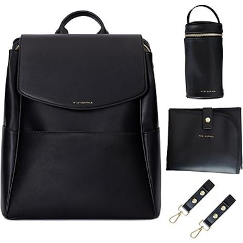 Leather Diaper Bag Backpack with USB Charging port, Changing Pad, Stroller Straps, and Bottle Holder (Black Olivia)