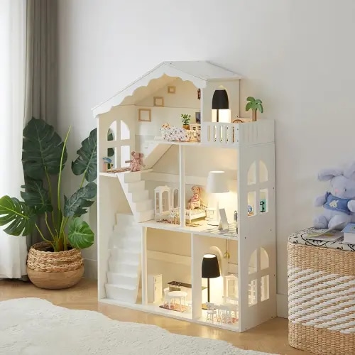 Wooden Dollhouse Bookshelf - Toddler Doll House Bookcase, Extra Space Kids Toy Storage Book Shelf, 3-Tier Children Dollhouse, Pretend Play Toy House (Traditional Angled Roof)