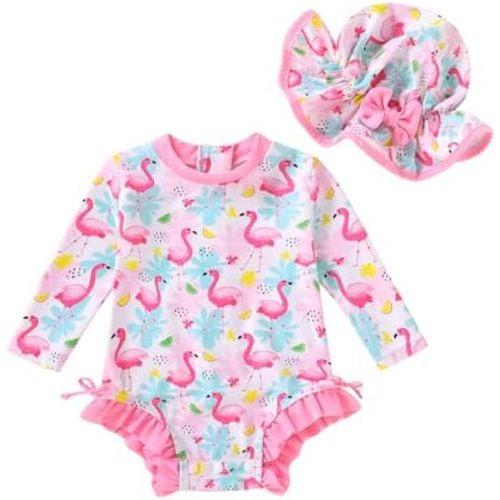 Infant Baby Swimsuit Girl Long Sleeve UPF 50+ Sun Protection One-Piece Rash Guard with Hat Zipper Bathing Suit