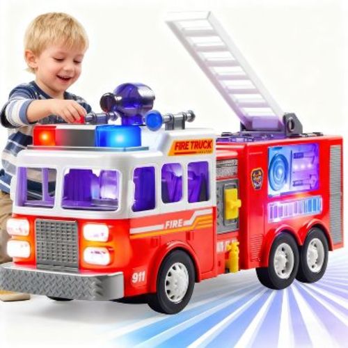 Joyfy Toddler Fire Truck Toy with LED Lights & Real Sirens, Bump and Go Play for Boys and Girls,Birthday Christmas Halloween Gift for 1 2 3 Year Olds