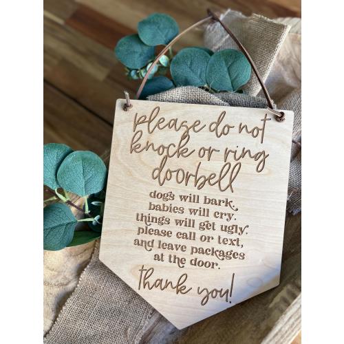 Humorous "Do Not Knock or Ring Doorbell" Door Sign – Laser Engraved Maple Wood – Leather Cord Hanger – Privacy Reminder | Door Hanger