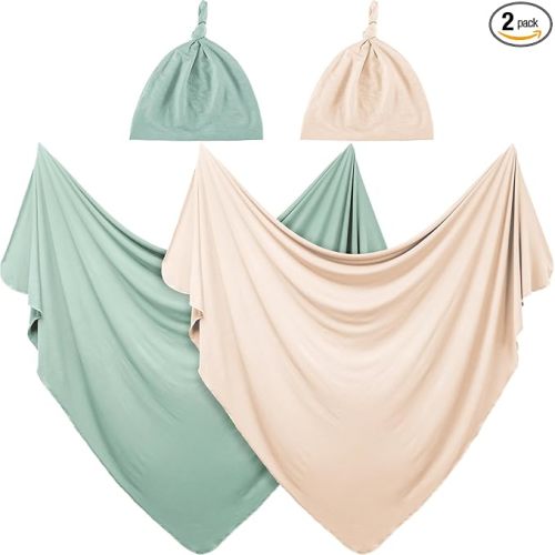 JaGely 2 Pcs Stretchy Baby Swaddle Blankets Set Extra Soft 47" x 47" Baby Newborn Swaddle Blanket and Hat(Green, Apricot)