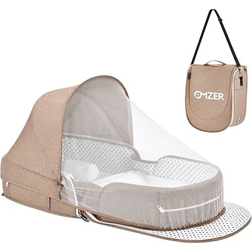 omzer Baby Travel Bassinet Portable - Foldable Carry Bag Bassinet Anti-Pressure Baby Co-Sleeping Bed Lightweight Infant Travel Bed with 2-1 Mosquito & Canopy Beige