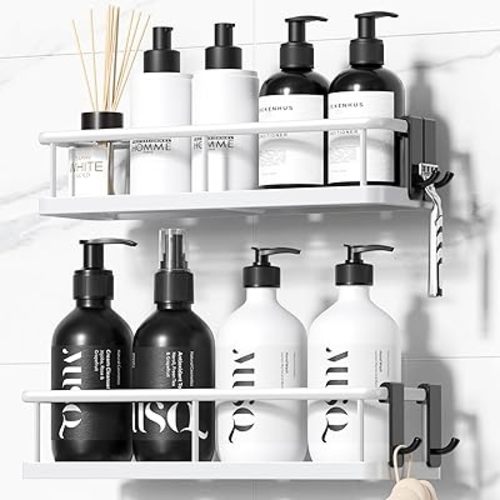 YASONIC Adhesive Shower Caddy, Wall-Mounted Shower Shelves No Drill White 2 Pack