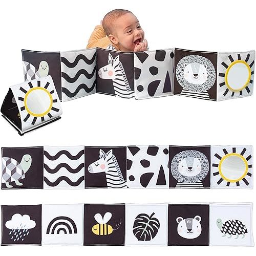 Taf Toys Newborn Soft Activity Book Black & White High Contrast Baby Book Infant Sensory Toys Tummy Time Soft Cloth Books for Babies Textured Fabric Crinkling Shapes Patterns 0-12 Months Newborn Toys