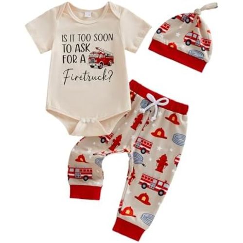 3Pcs Newborn Baby Boy Clothes Is It Too Soon To Ask For A Fire Truck Short Sleeve Romper Pants Set Firefighter Outfit
