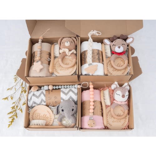 Baby Shower Gift Box, Newborn Gift box, Baby Gift Box Set with Pacifier Clip Animal Crochet Rattle, Baby Rattle Set, Welcome Box Baby
