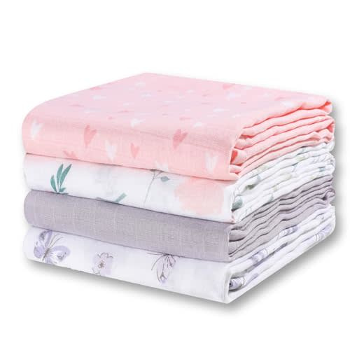 Little Grape Land Muslin Swaddle Blankets 47''x47'' 4 Pack, 100% Cotton Large Size Baby Swaddles for Newborn, Soft Breathable Baby Blankets for Newborns, Butterfly&Bunny