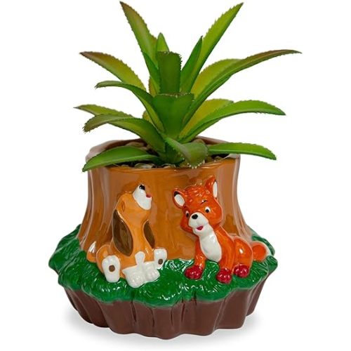 Silver Buffalo Disney The Fox and The Hound 4-Inch Ceramic Mini Planter with Artificial Succulent | Cute Small Flower Pot, Faux Indoor Plants