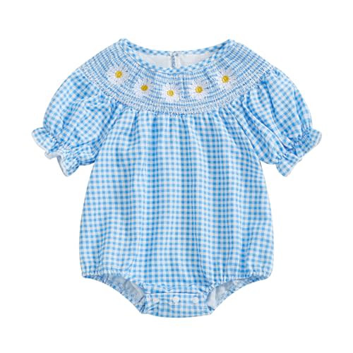 Aiwpstoin Infant Baby Girl Plaid Bubble Romper Clothes Daisy Embroidery Short Sleeve Smocked Bodysuit Summer Outfit
